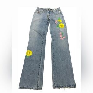 Cruel Girl Blue Low Rise Vintage Slim Fit Bootcut Jeans with Floral Embroidery